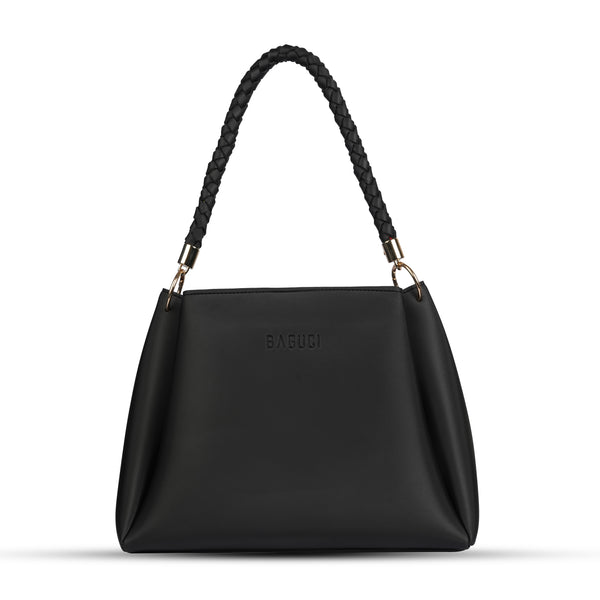 Black Bucket Handbag With Braided Handle